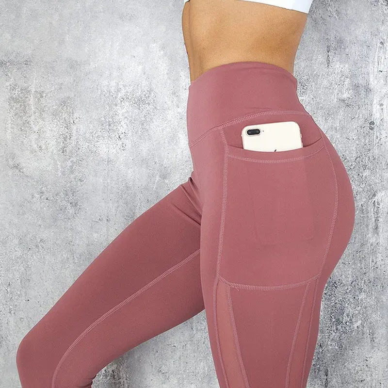 Fashion Women'S Solid Color Stretchy Fitness Leggings with Pockets High Waist Mesh Sport Running Yoga Pants Breathable Leggings