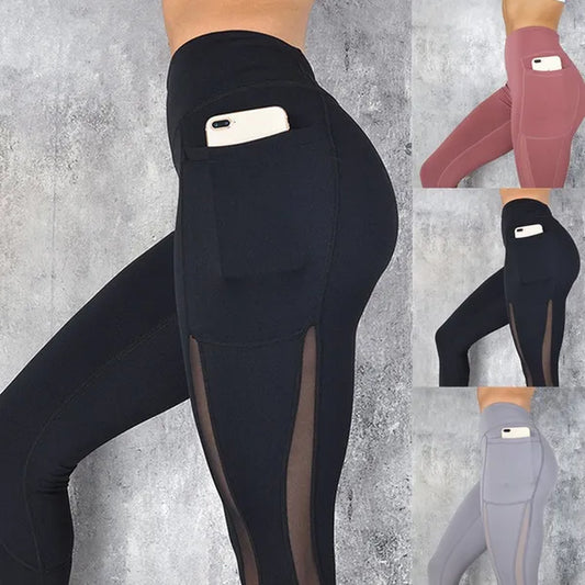 Fashion Women'S Solid Color Stretchy Fitness Leggings with Pockets High Waist Mesh Sport Running Yoga Pants Breathable Leggings