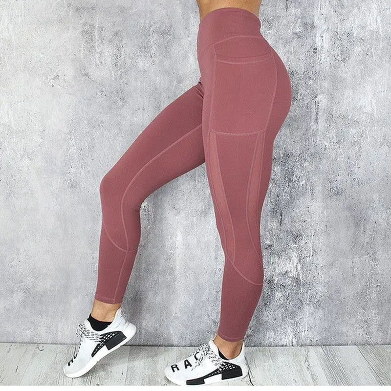 Fashion Women'S Solid Color Stretchy Fitness Leggings with Pockets High Waist Mesh Sport Running Yoga Pants Breathable Leggings