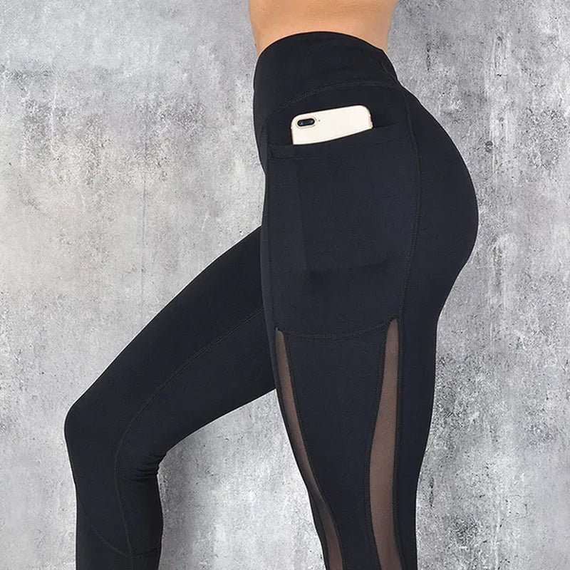 Fashion Women'S Solid Color Stretchy Fitness Leggings with Pockets High Waist Mesh Sport Running Yoga Pants Breathable Leggings