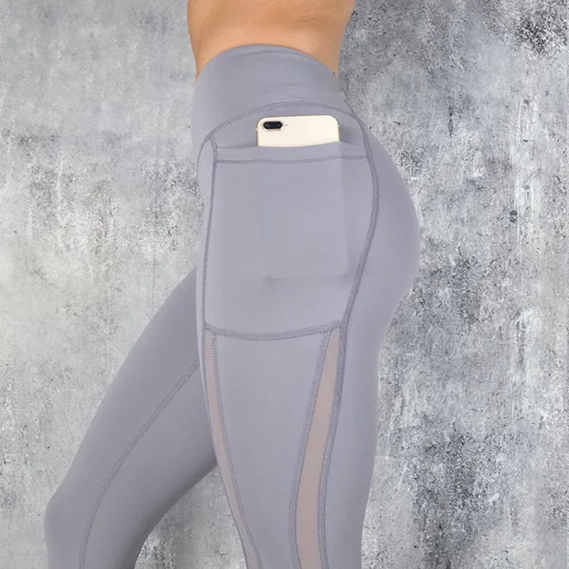 Fashion Women'S Solid Color Stretchy Fitness Leggings with Pockets High Waist Mesh Sport Running Yoga Pants Breathable Leggings