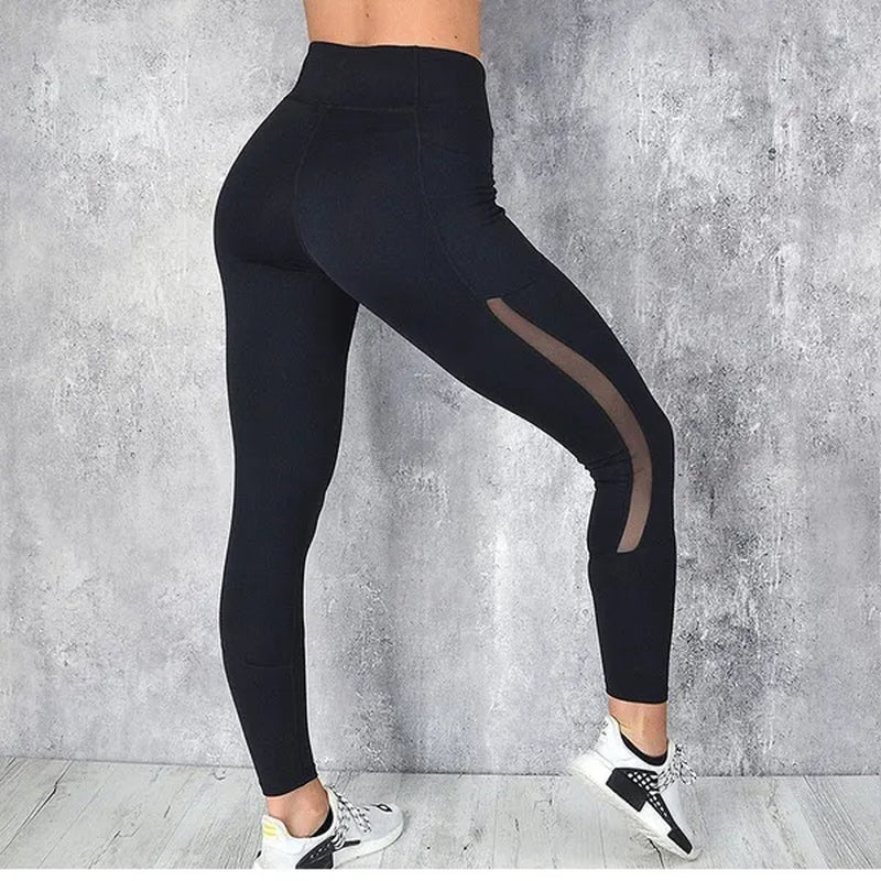 Fashion Women'S Solid Color Stretchy Fitness Leggings with Pockets High Waist Mesh Sport Running Yoga Pants Breathable Leggings