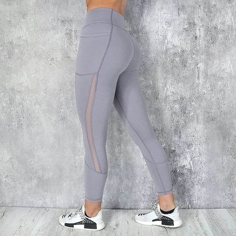 Fashion Women'S Solid Color Stretchy Fitness Leggings with Pockets High Waist Mesh Sport Running Yoga Pants Breathable Leggings