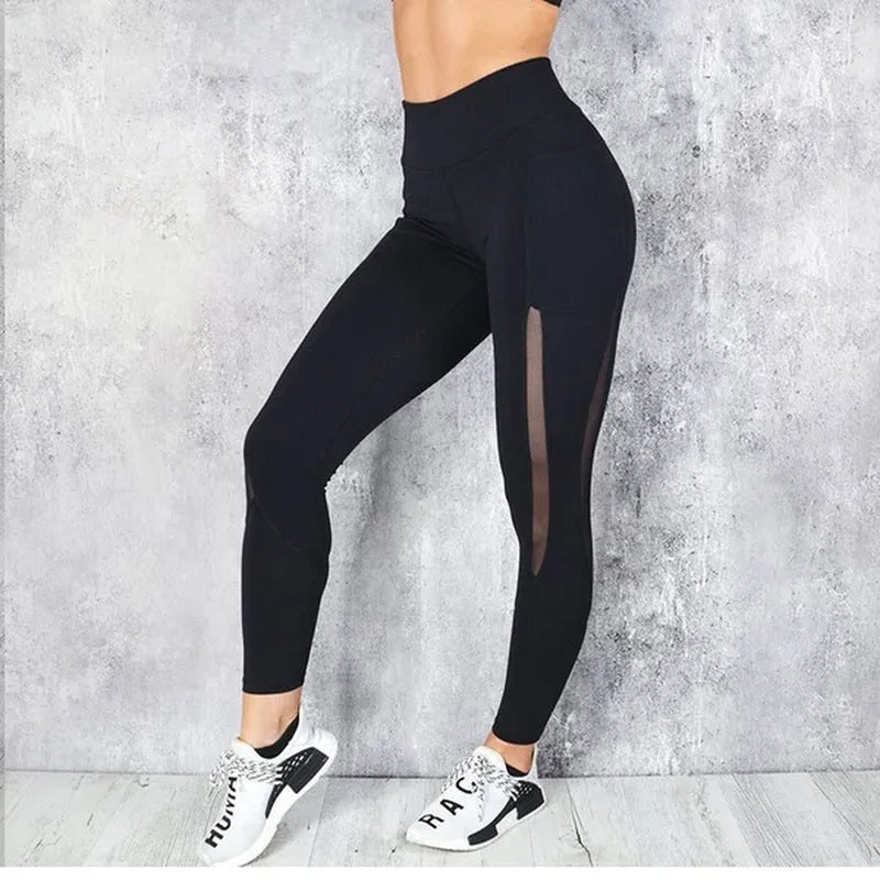 Fashion Women'S Solid Color Stretchy Fitness Leggings with Pockets High Waist Mesh Sport Running Yoga Pants Breathable Leggings